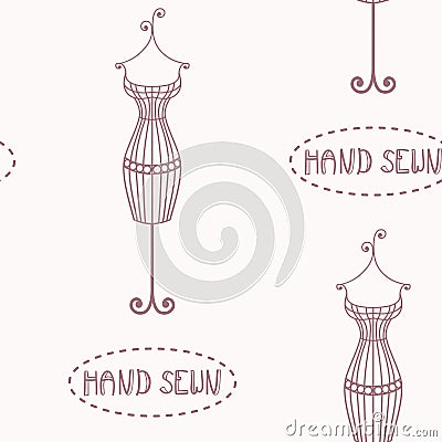 Vintage iron mannequin seamless pattern with inscription hand sewn Vector Illustration
