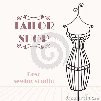 Vintage iron mannequin. Tailor shop background Vector Illustration