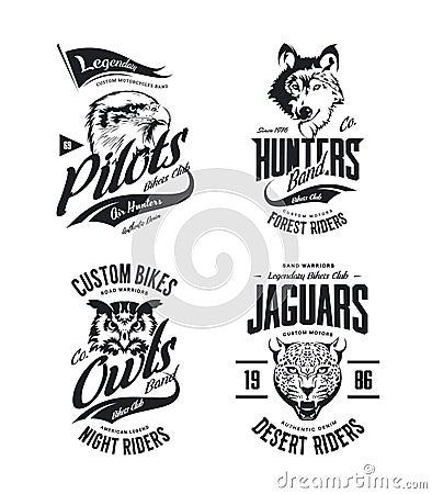Vintage jaguar, wolf, eagle and owl bikers club t-shirt vector isolated logo set Vector Illustration