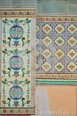 Vintage Japaneis Painted Tiles in Ram Mandir Kon Gaon Editorial Stock Photo