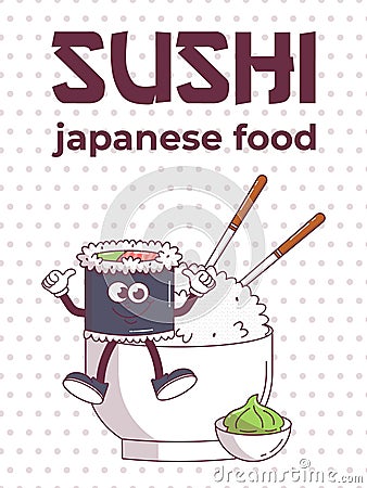 Vintage Japanese food character Sushi. Roll on plate rice groovy style. Cartoon design poster seafood for bar Vector Illustration
