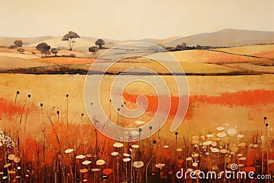 Summer Fields Painting, Summer Season, Warm Summery Fields, Abstract Vintage Japanese Lacquer Painting, Generative AI Stock Photo