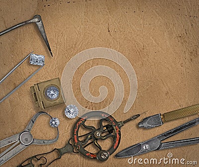 Vintage jeweler tools and diamonds Stock Photo