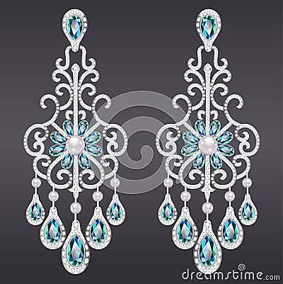 vintage jewelry earrings with green gemstone Vector Illustration