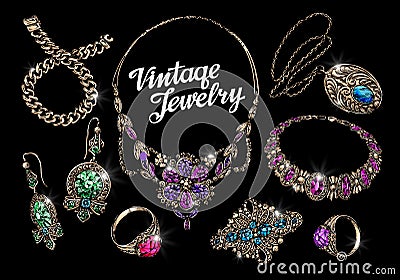 Vintage jewelry with gems. Hand-drawn gold and silver vector illustration Vector Illustration