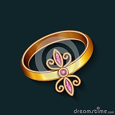 Vintage jewelry gold ring with ruby gemstones Vector Illustration