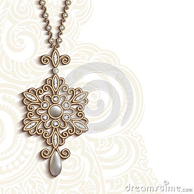 Vintage jewelry pendant with diamonds and pearls Vector Illustration