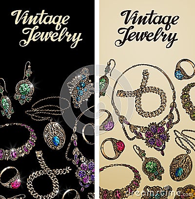 Vintage jewelry. Precious metal, gold, silver and gems. Vector illustration Vector Illustration