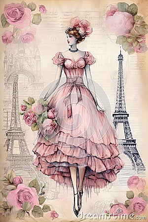 Vintage journal page, fashion illustration, french retro fashion summer dress Cartoon Illustration