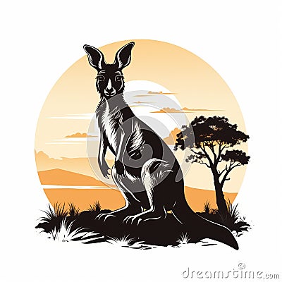 Vintage Kangaroo Sunset Vector Art With Distinctive Character Design Cartoon Illustration