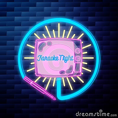 Vintage karaoke emblem glowing neon Vector Illustration