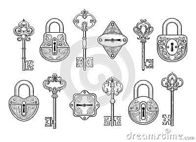 Vintage key, keyhole and lock set Vector Illustration