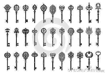 Vintage key silhouettes. Chest secret keys graphics, ornate victorian room antique clef icons, old clue skeleton objects Vector Illustration