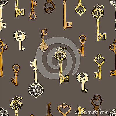 Vintage keys, bronze, gold, silver. Drawing on a transparent background. Choose your own background color. Pattern, desktop wallpa Vector Illustration