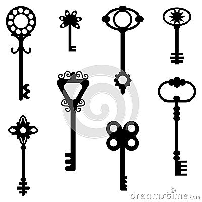 Vintage keys. Vector old ornate retro keys. Antique keys to the door lock with ornament. Decorative medieval clue Stock Photo