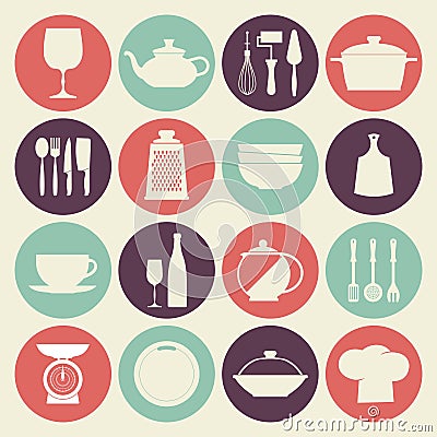 Vintage kitchen dishes icons set Vector Illustration