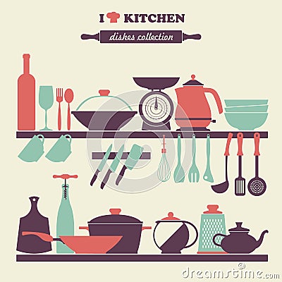 Vintage kitchen dishes icons set Vector Illustration