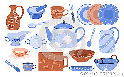 Vintage kitchenware, cutlery to cook food in home kitchen vector. Cartoon fork tools and cup, dish bowl, plate with cute Vector Illustration