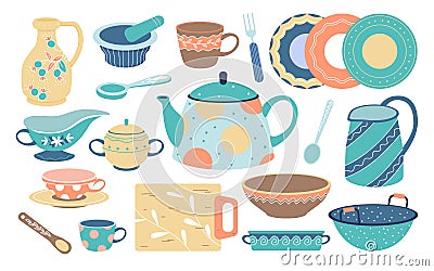 Vintage kitchenware set, cutlery to cook food in home kitchen, cute retro tableware Vector Illustration