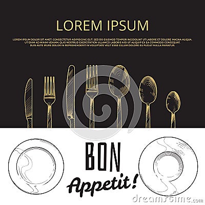 Vintage knife, fork, spoon and dishes in sketch engraving style Vector Illustration