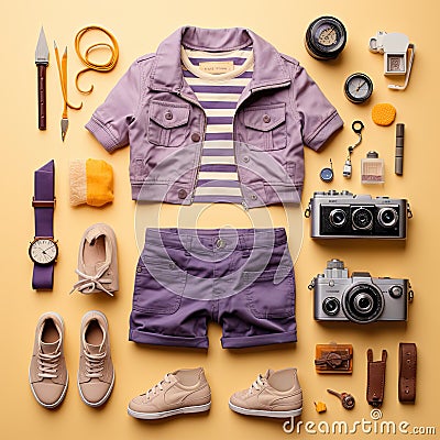 Vintage Knolling Flat Lays vogue photo salon stylish clothes fashion collection set Stock Photo