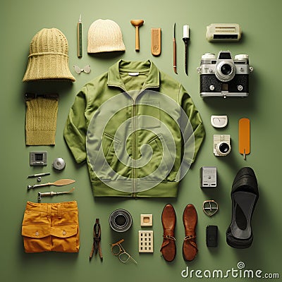 Vintage Knolling Flat Lays vogue photo salon stylish clothes fashion collection set Stock Photo