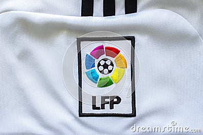 Vintage La Liga Spanish Football Soccer close up to their logo on a jersey Editorial Stock Photo