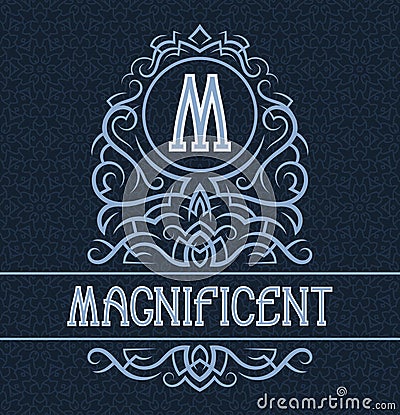 Vintage label design template for magnificent product. Vector monogram with text on patterned background Vector Illustration