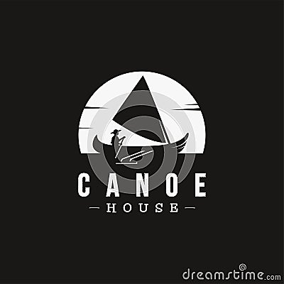 Vintage label logo of canoe and sailing at the super moon night Vector Illustration