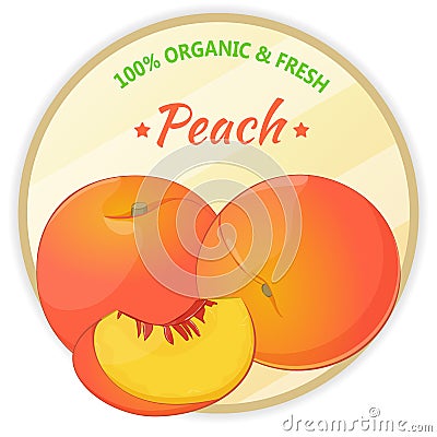 Vintage label with peach isolated on white background in cartoon style. Vector illustration. Fruit and Vegetables Vector Illustration