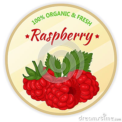 Vintage label with raspberry isolated on white background in cartoon style. Vector illustration. Fruit and Vegetables Vector Illustration