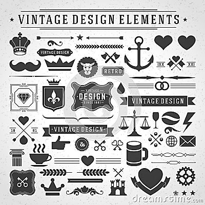 Vintage labels and badges design elements vector with typographic symbols. Vector Illustration