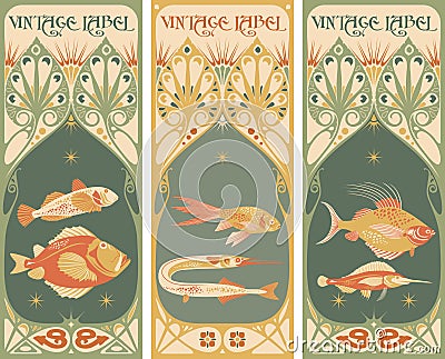 Vintage labels: fish - art nouveau frame Vector Illustration