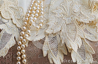 Vintage Lace handkerchief and Pearls Stock Photo