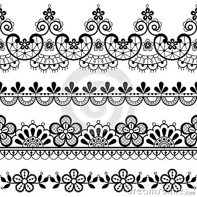 Vintage lace seamless vector pattern, ornamental repetitive design with flowers and swirls in black on white background Stock Photo