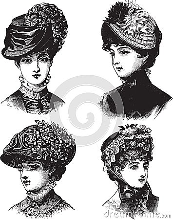 Vintage Ladies with hats vector illustration Cartoon Illustration