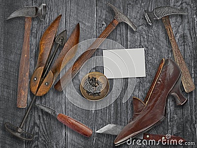 Vintage ladies shoe and shoemakers tools Stock Photo