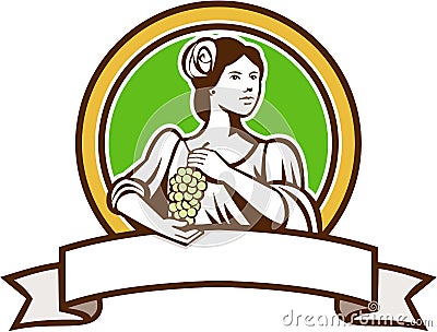 Vintage Lady Holding Grapes Circle Retro Vector Illustration