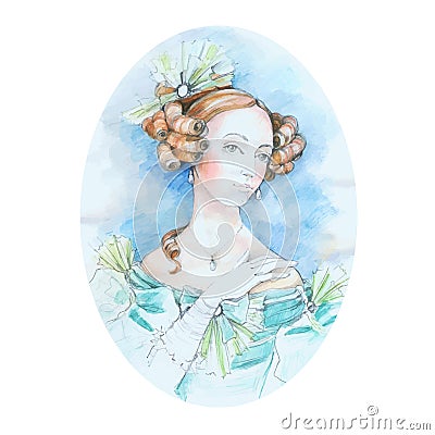 Vintage lady watercolor portrait. Vector illustration. Beautiful watercolor portrait of a girl from the past Cartoon Illustration