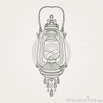 Vintage lamp, flashlight, lantern. Classical drawing. Decorated with engraving, pendant made of precious stones. Metal, glass, Vector Illustration