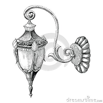 Vintage lamp street hand drawing engraving style on white background Stock Photo