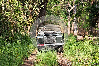 Vintage Land Rover Series II in Chitwan jungle, Nepal Editorial Stock Photo