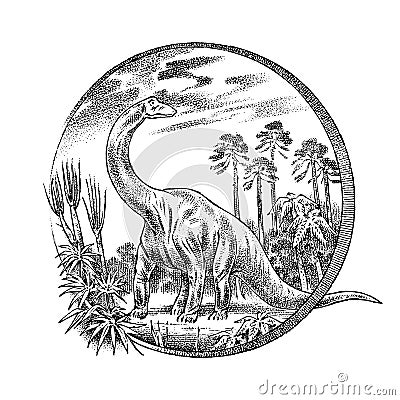 Vintage landscape with a dinosaur in the rainforest. Old retro Template for logo or label. Hand drawn engraved Vector Illustration