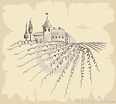 Vintage landscape with farmstead Vector Illustration