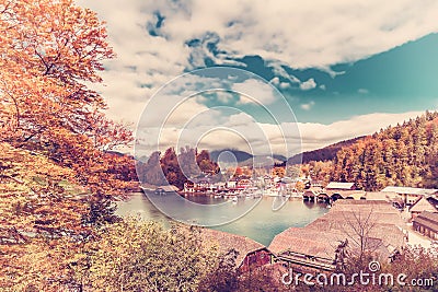 Vintage Landscape with lake and mountains Stock Photo