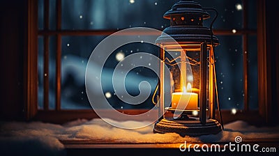 A vintage lantern with a flickering candle inside Stock Photo