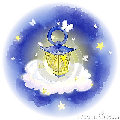 A vintage lantern stands on a cloud against the background of the night starry sky and white shining butterflies. Vector Illustration