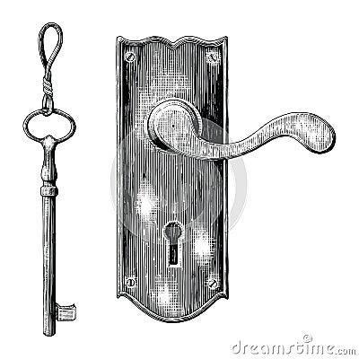 Vintage latch and key hand drawing engraving style Vector Illustration