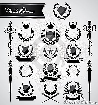 Vintage laurel, crowns and shields Vector Illustration