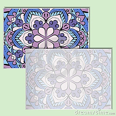 Vintage leaflets with mandala pattern on a pale green background. Vector Illustration